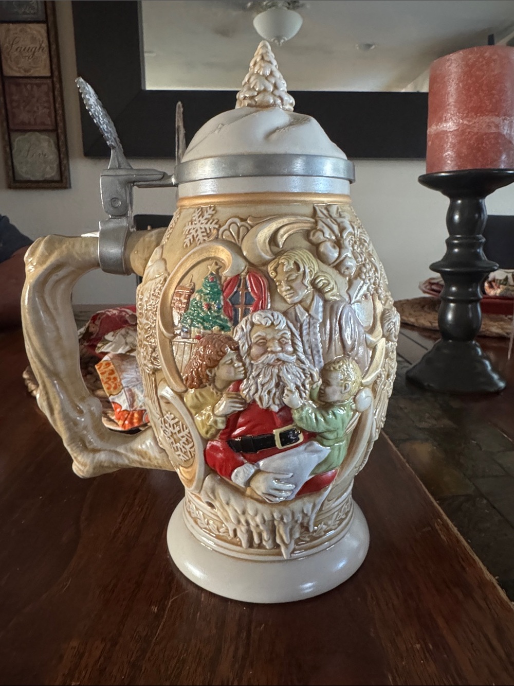 Avon Ceramic Holiday Stein with Santa Relief - Cream, Red, Green